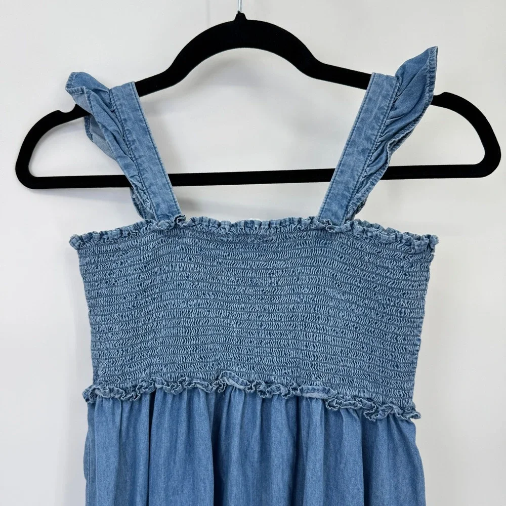 Janie and Jack Girls Blue Cotton Smocked Chambray Ruffle Dress Size 14